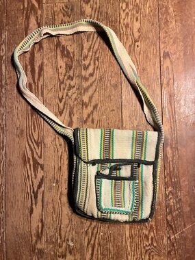 Handwoven Striped Crossbody Shoulder Bag in Cream and Green